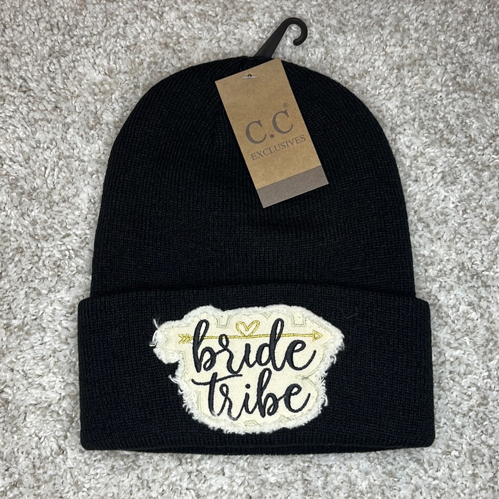 NEW “Bride Tribe” Beanie, Black w/ cream patch